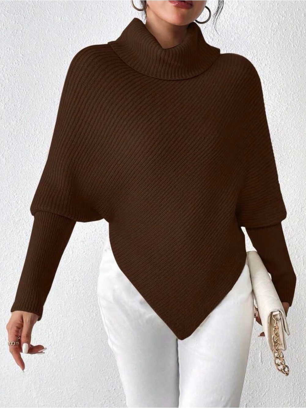 Women's Brown Point-Hem Turtleneck Poncho Sweater